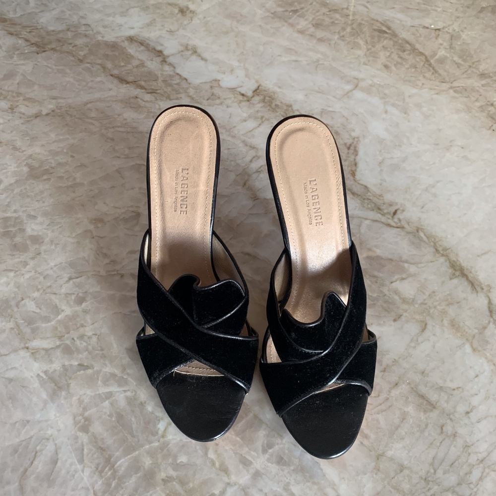 L'Agence black velvet open toe mule heels, size 8.5